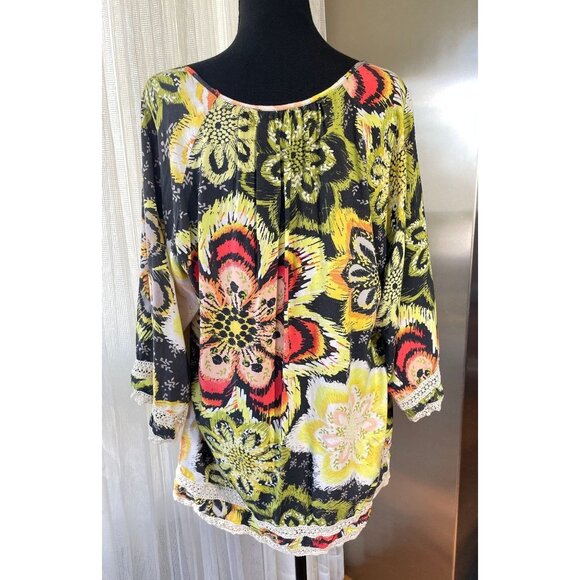 Vintage 80s oversized blouse, black, yellow, lime green flowers, bell sleeves - Picture 6 of 9
